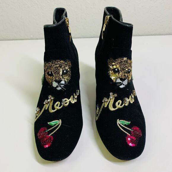 KATE SPADE Boots Liverpool Suede Ankle Love Cat Meow Cherry Sequin Embellished - Picture 3 of 11